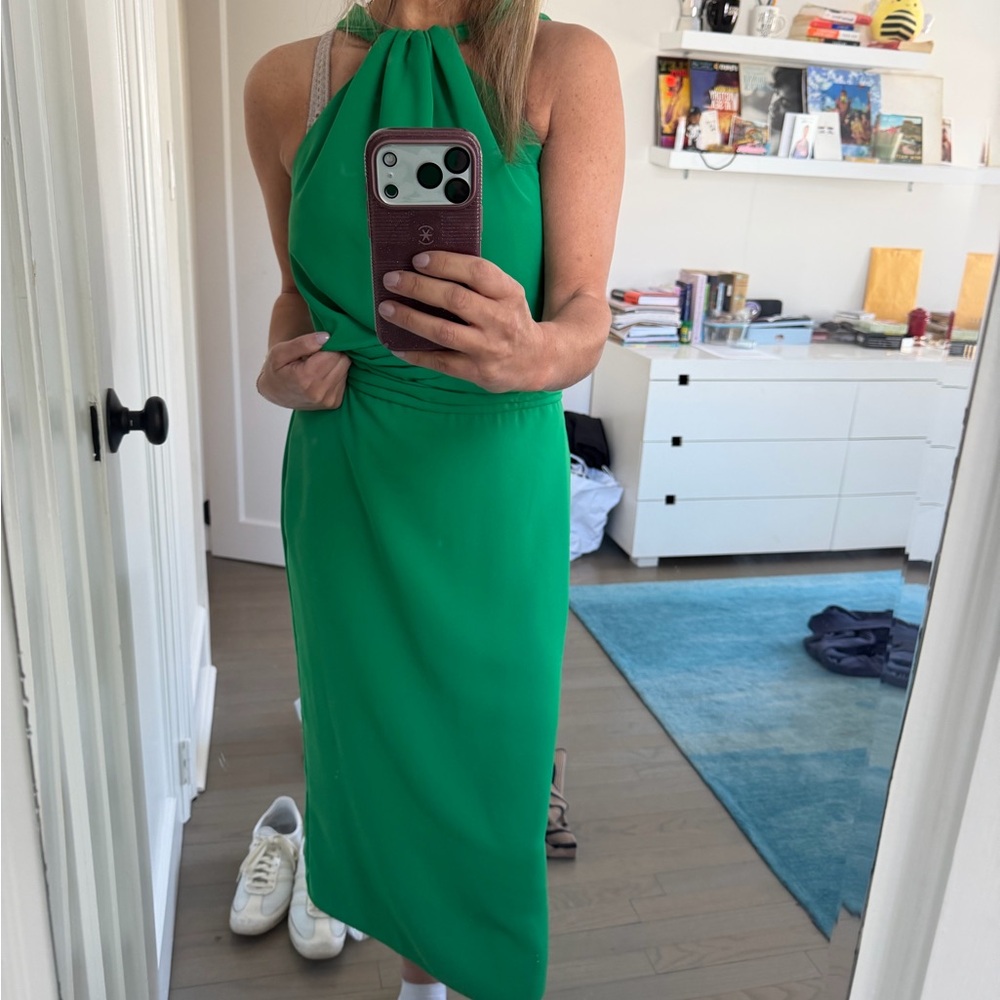 Johanna Ortiz  Vibrant Green Halter Midi Dress